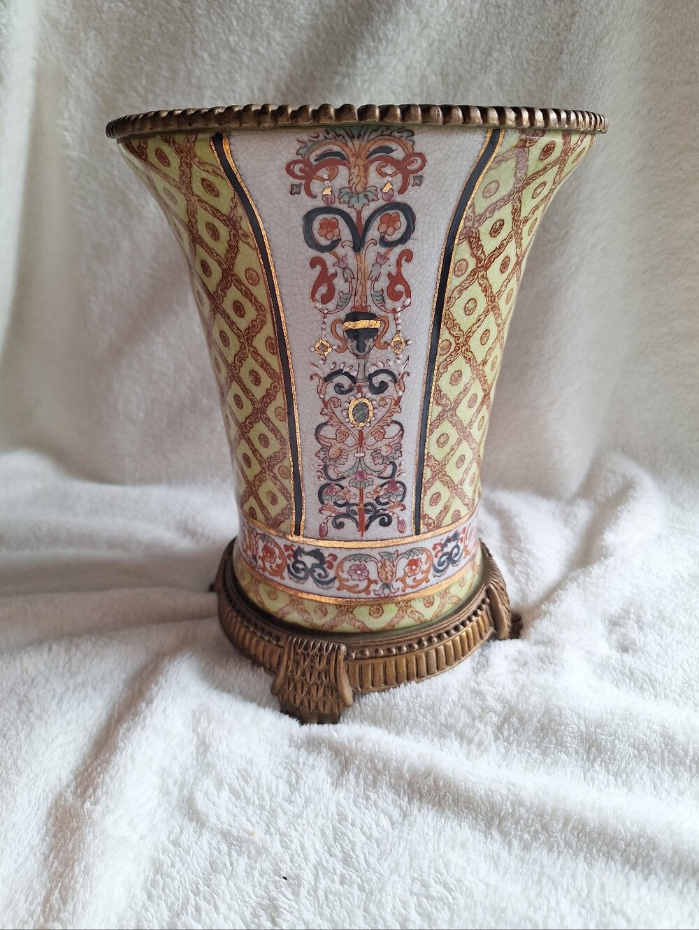 Vintage Chinoiserie Porcelain Brass Trumpet Vase Urn Crackle Glaze 11"